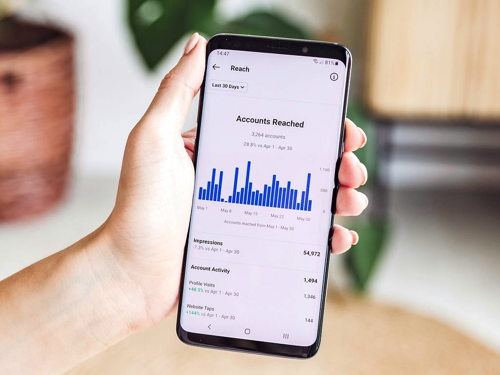 Hand holding mobile phone that shows an outreach statistics page