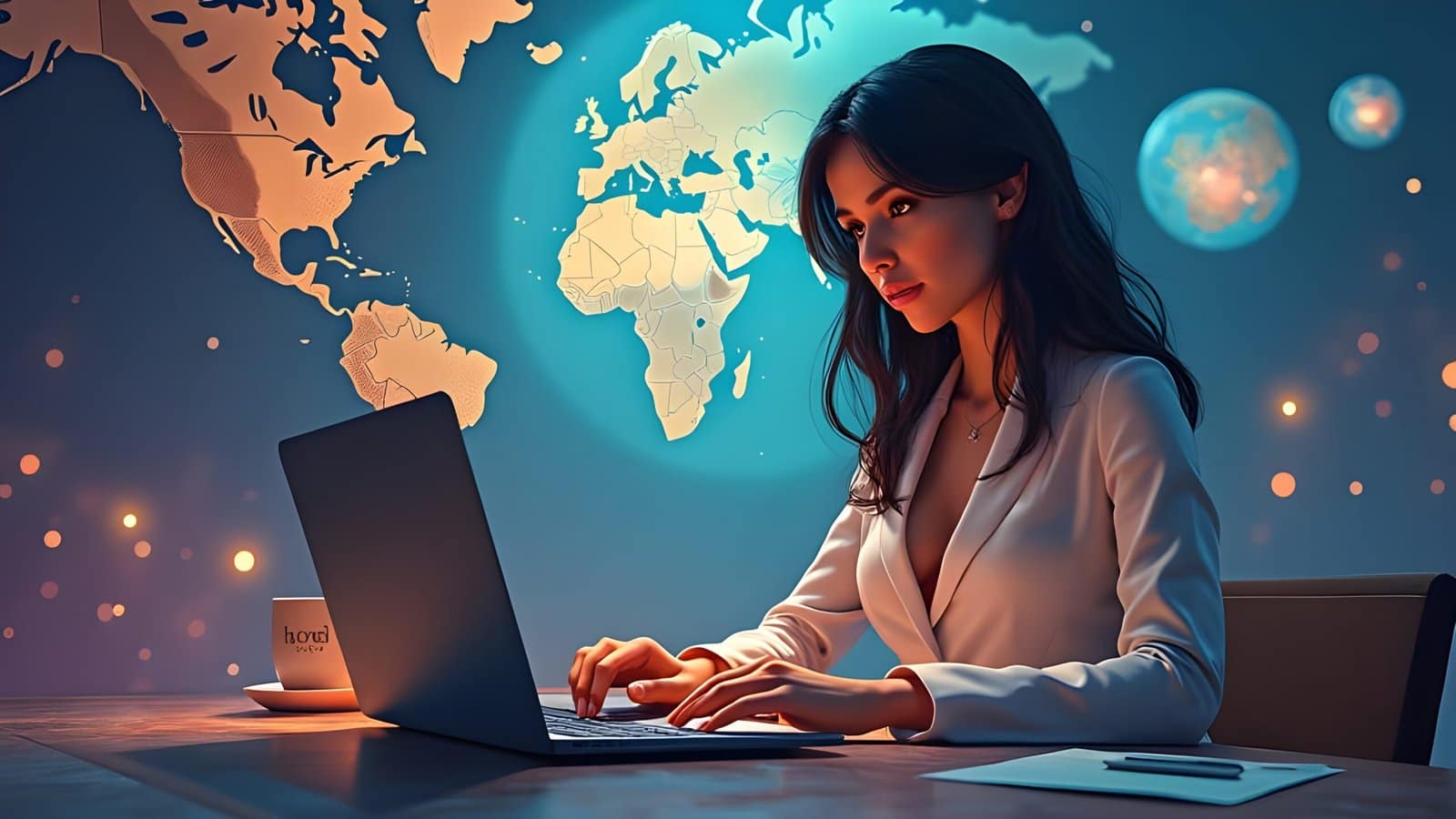 Office woman working on a laptop, envisioning a global audience
