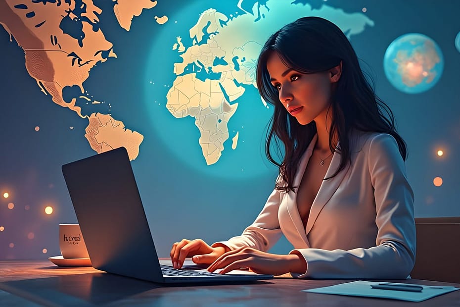 Office woman working on a laptop, envisioning a global audience