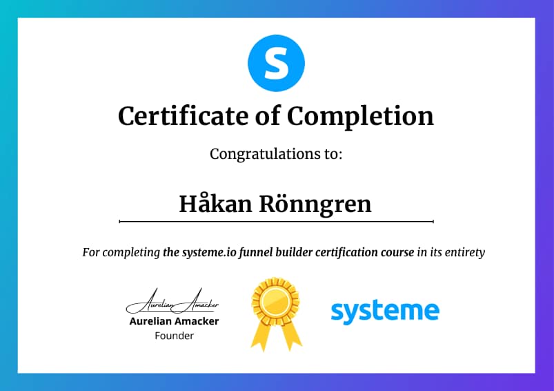 My Systeme.io funnel builder certificate